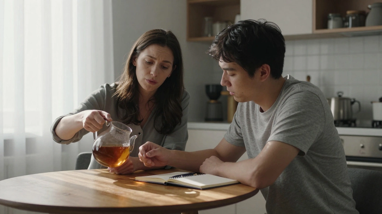 A woman pours tea for a man in a sunlit kitchen, their quiet connection evident in their stillness and attentive posture.