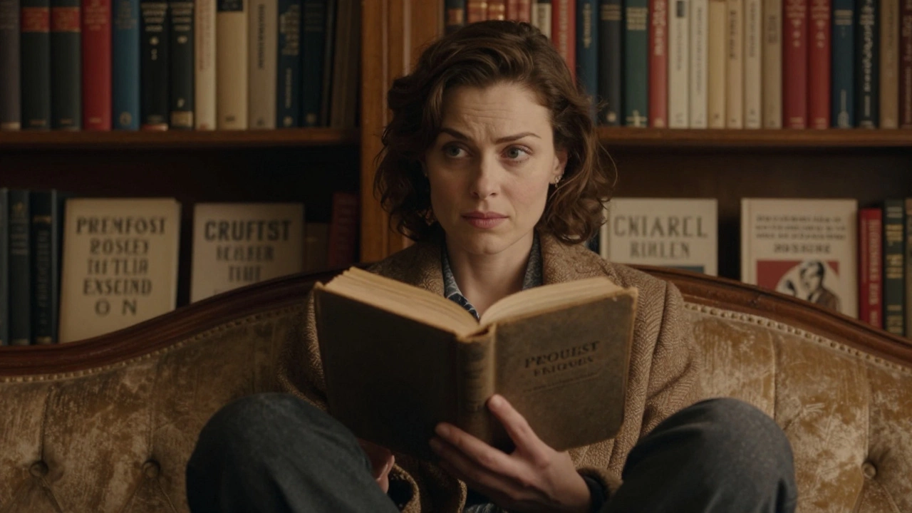 A woman reads Proust aloud in a book-filled Paris apartment, bathed in warm lamplight.