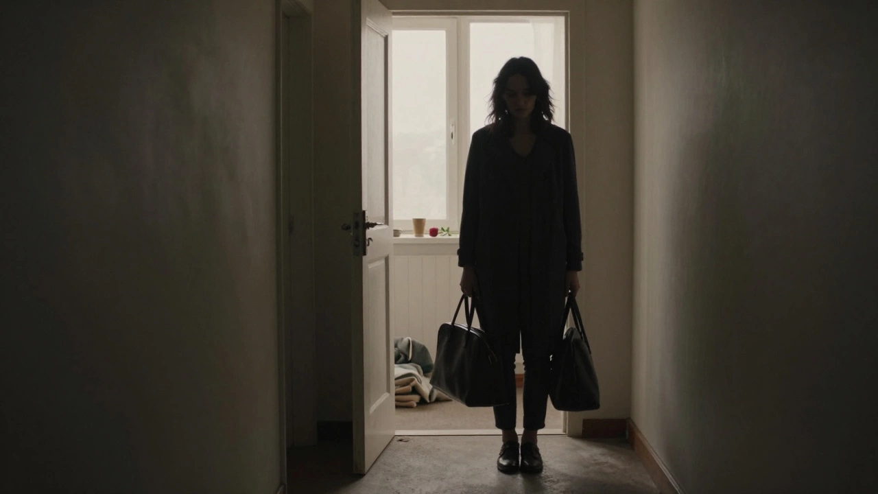 A woman stands alone in a hallway at dawn, the remnants of emotional care visible behind her in the quiet room.