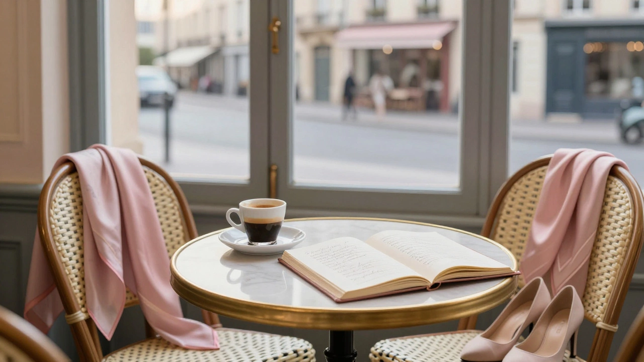 An empty Parisian café table holds a coffee cup, open journal, and silk scarf at sunrise.